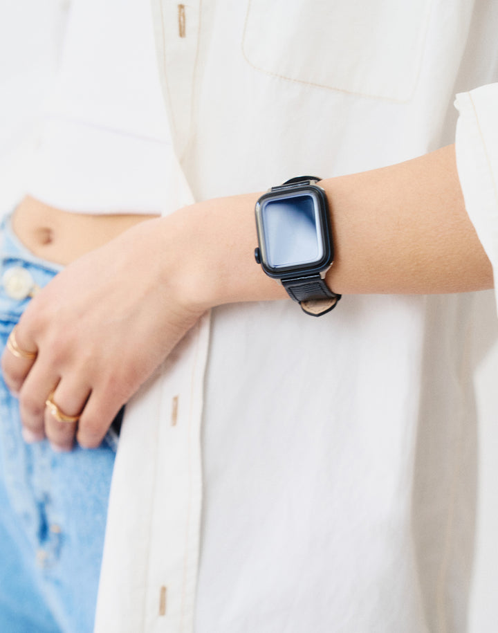 Hyer Goods recycled leather Apple Watch Band black lizard silver hardware #color_black-lizard