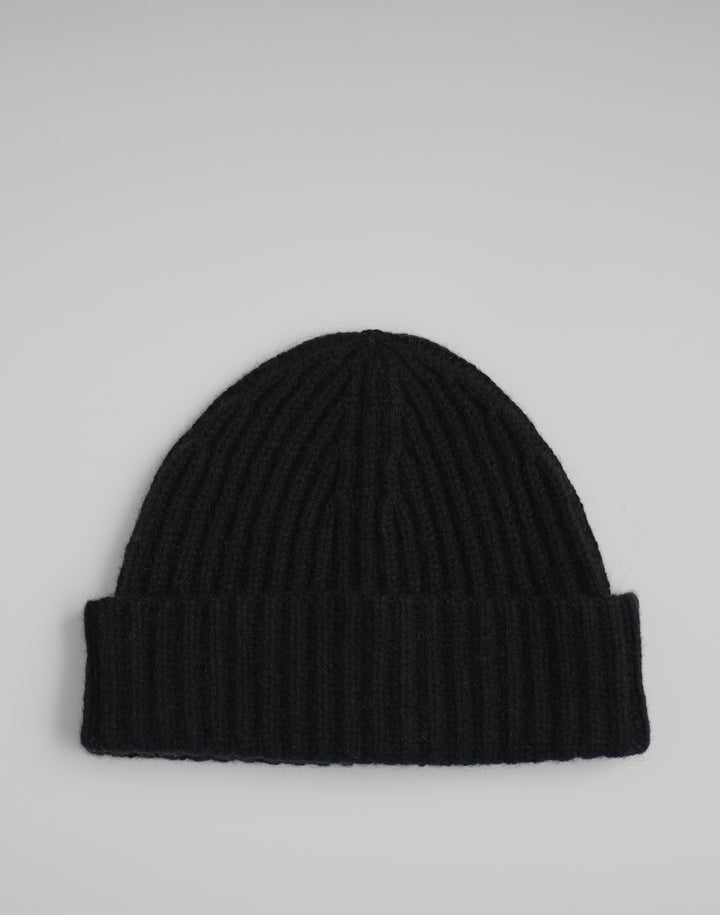 HYER GOODS full cardigan black wool ribbed beanie #color_black