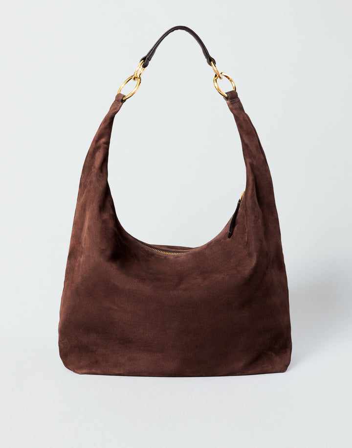 HYER GOODS  oversized suede hobo ring bag black with gold hardware#color_chocolate-suede