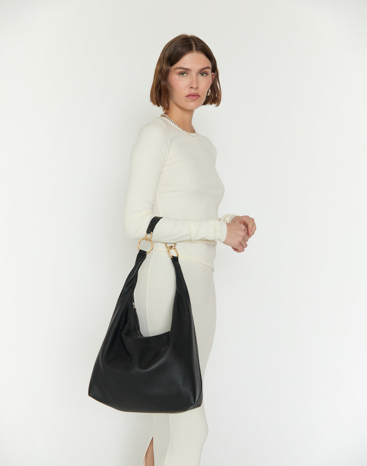 HYER GOODS tumbled leather oversized hobo ring bag brown#color_black-gold