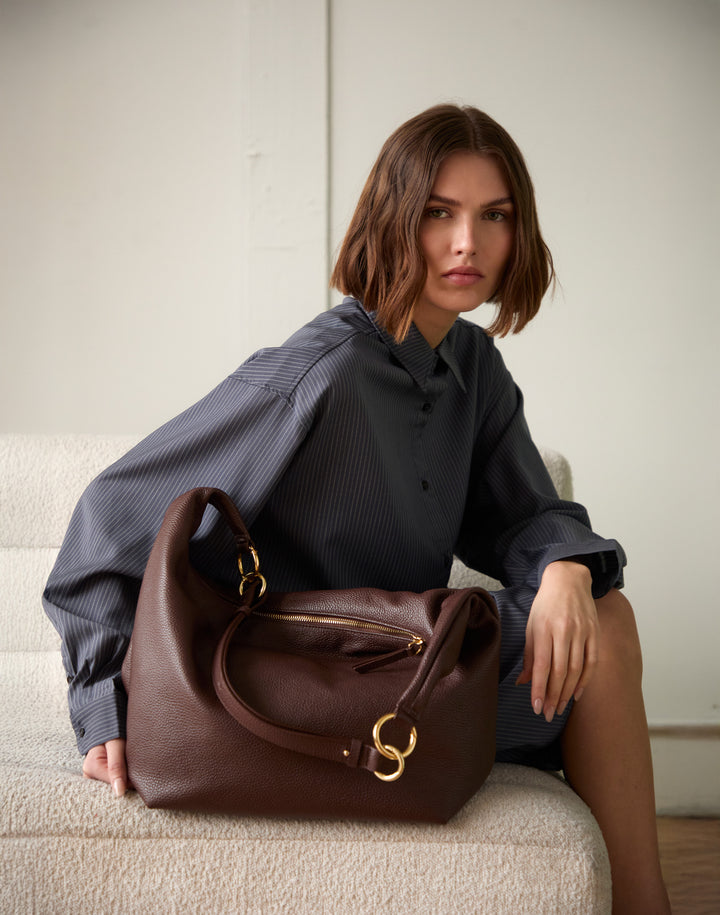 HYER GOODS tumbled leather oversized hobo ring bag brown#color_brown