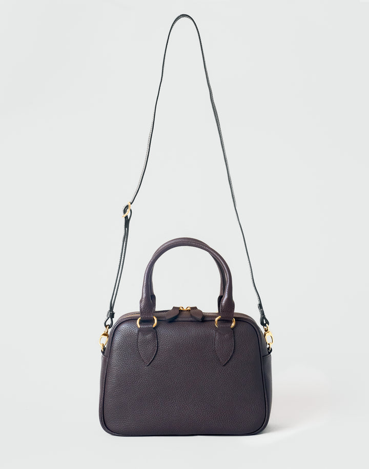 hyer goods la corsa dark brown leather bowling bag with crossbody strap front view #color_dark-chocolate