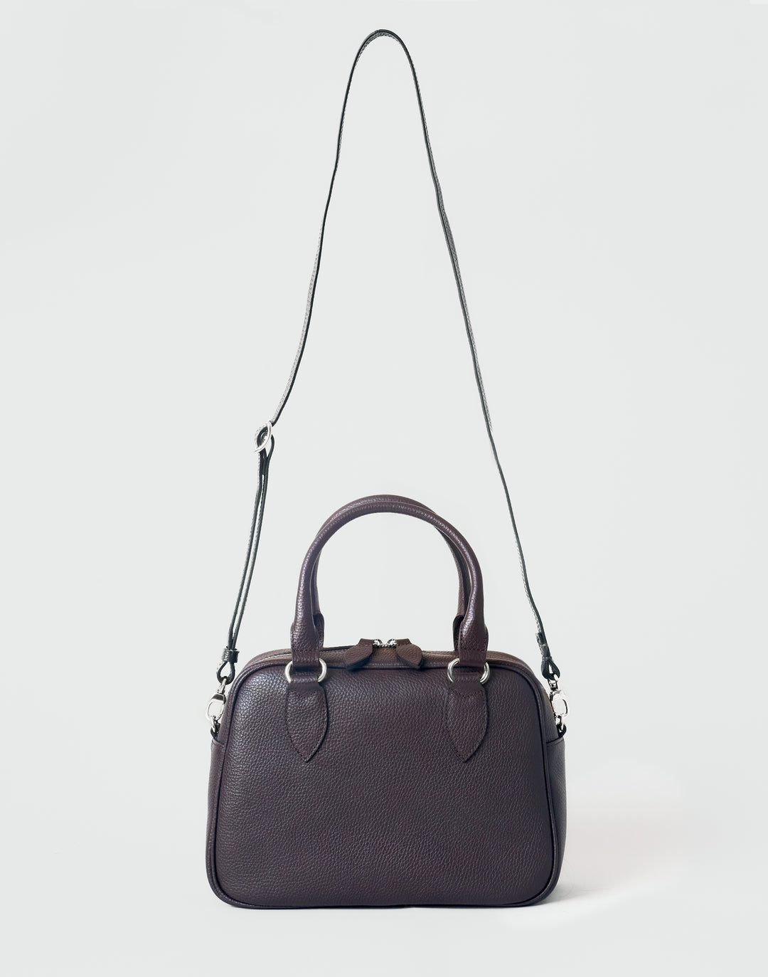 hyer goods la corsa dark brown leather bowling bag front view with crossbody strap dark chocolate with silver hardware #color_dark-chocolate