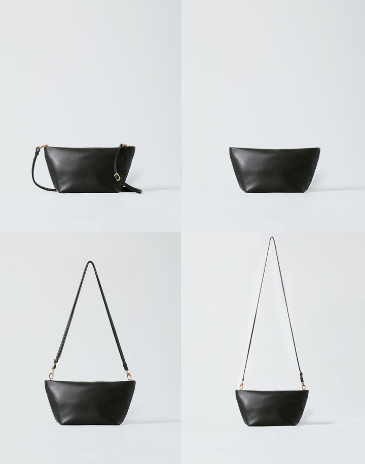 4 images of a HYER GOODS la sala convertible bag, showing how it converts from clutch to shoulder to crossbody bag #color_black-gold