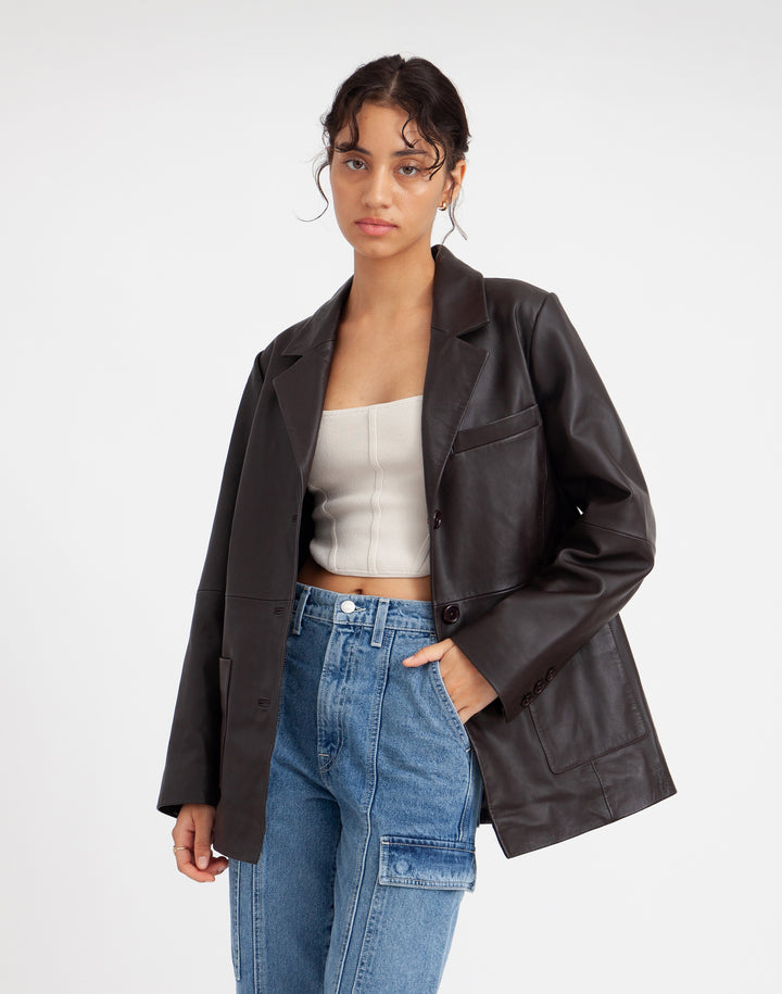 Sustainable leather blazer with relaxed fit in black #color_chocolate