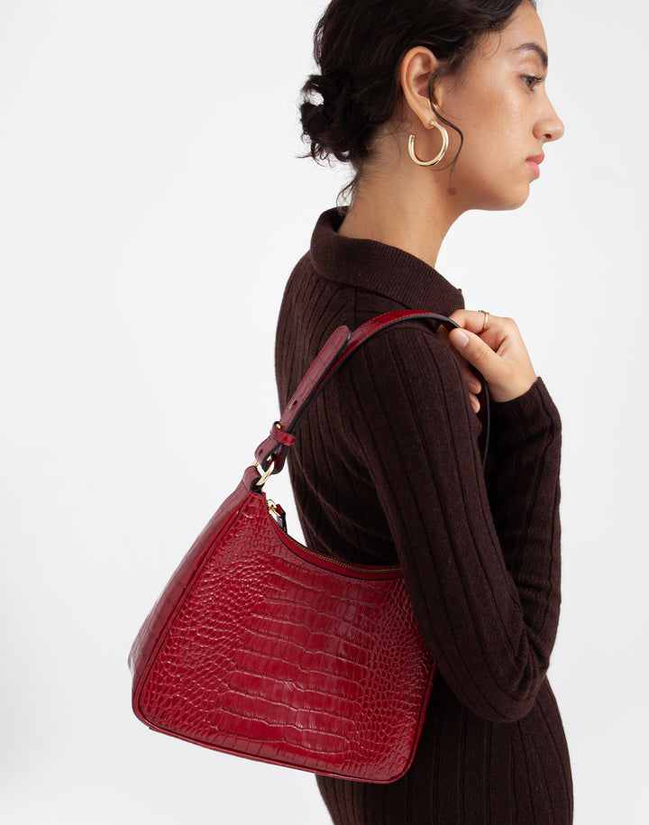 recycled genuine leather everyday shoulder bag red croc embossed#color_red-croco