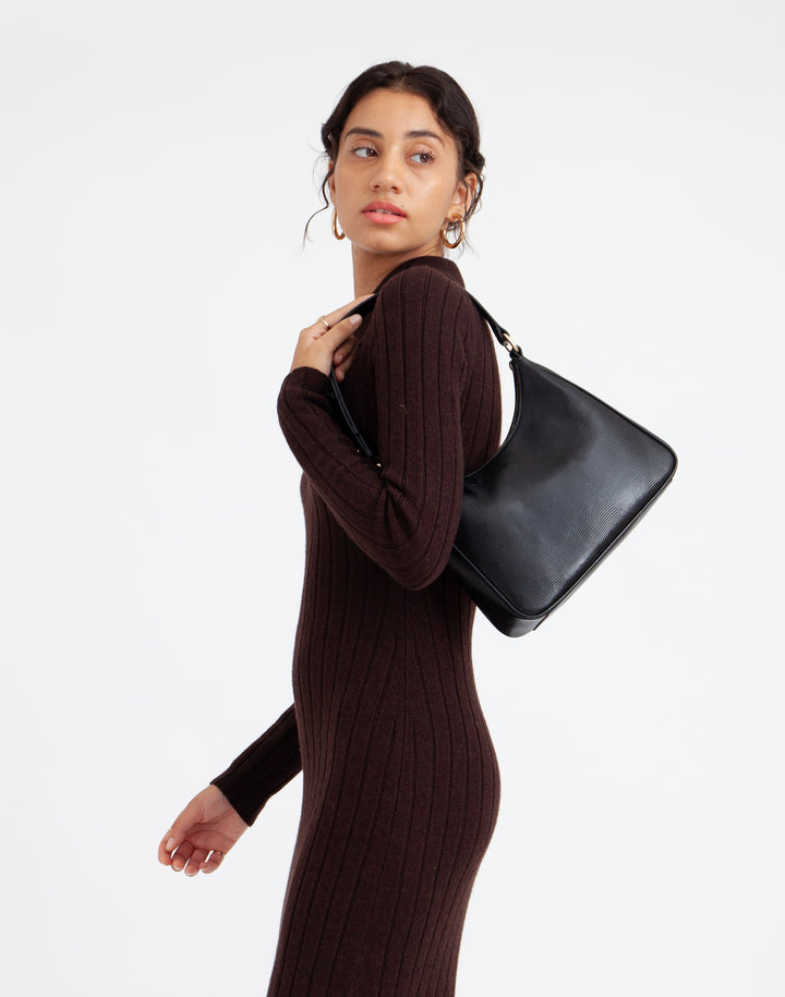 recycled genuine leather everyday shoulder bag black embossed lizard#color_black-lizard