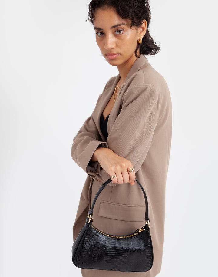 recycled genuine leather mini shoulder bag baguette bag embossed black lizard#color_black-lizard