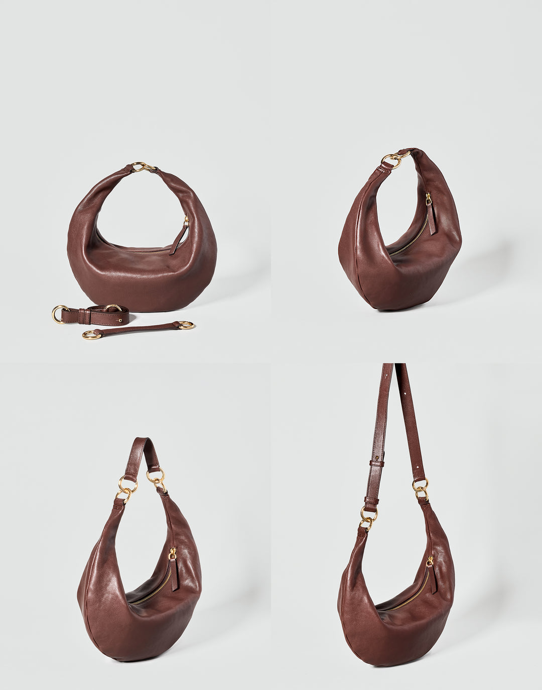 A brown leather crescent-shaped shoulder bag shown from four angles on a light gray background, with one view including a detachable strap laid beside the bag. The bag has gold-tone hardware and a zip-top closure.#color_bordeaux-vintage