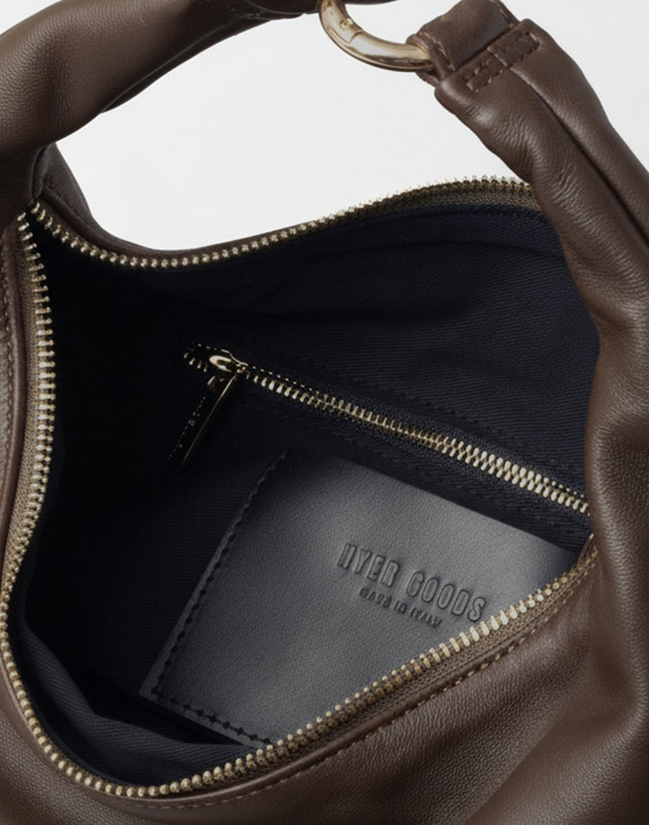 HYER GOODS convertible crossbody hobo  crescent bag Piccola ring bag #color_chocolate