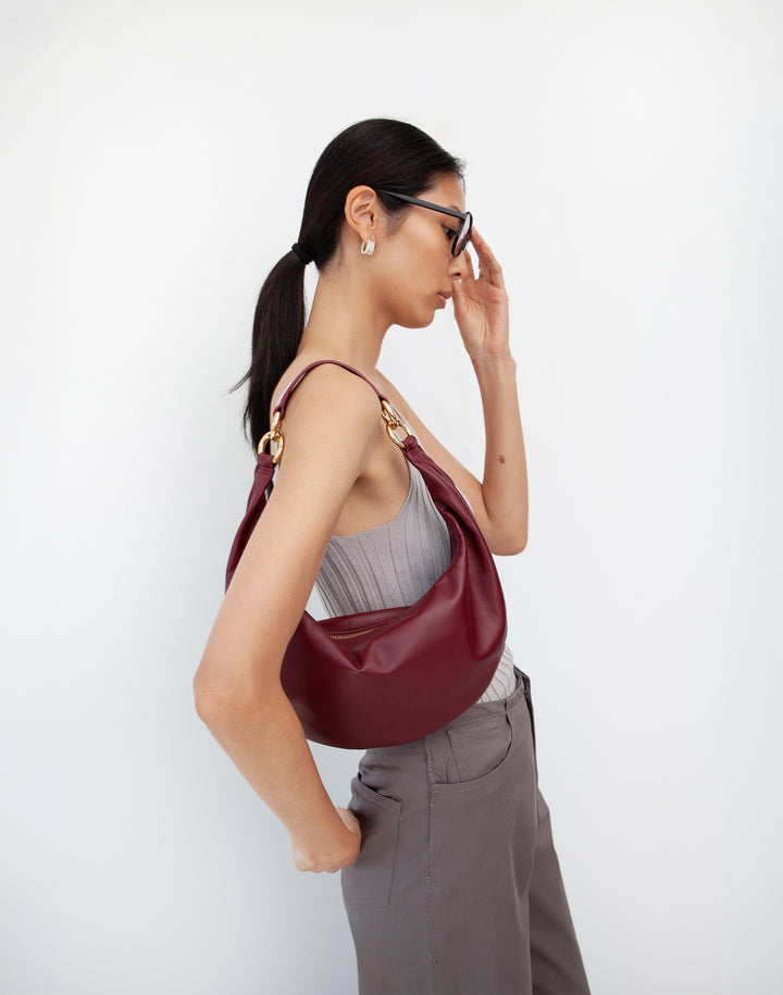 HYER GOODS convertible crossbody hobo Piccola ring bag on the shoulder #color_dark-cherry-red