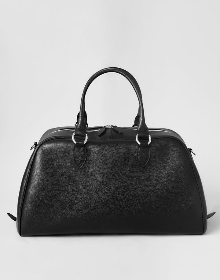 HYER GOODS black leather la via weekender duffel bag front view #color_black-silver