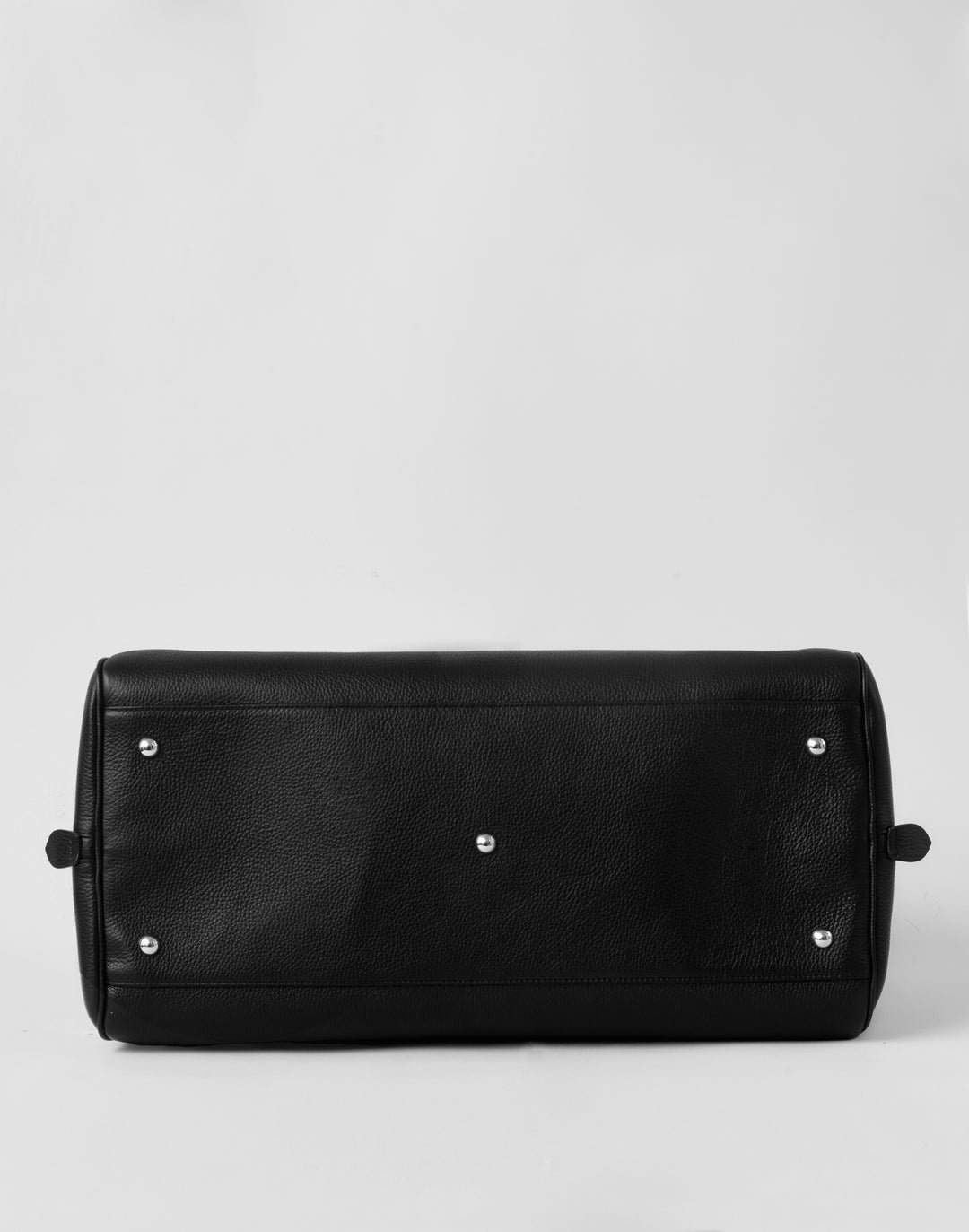 HYER GOODS black leather la via weekender duffel bag  bottom view #color_black-silver