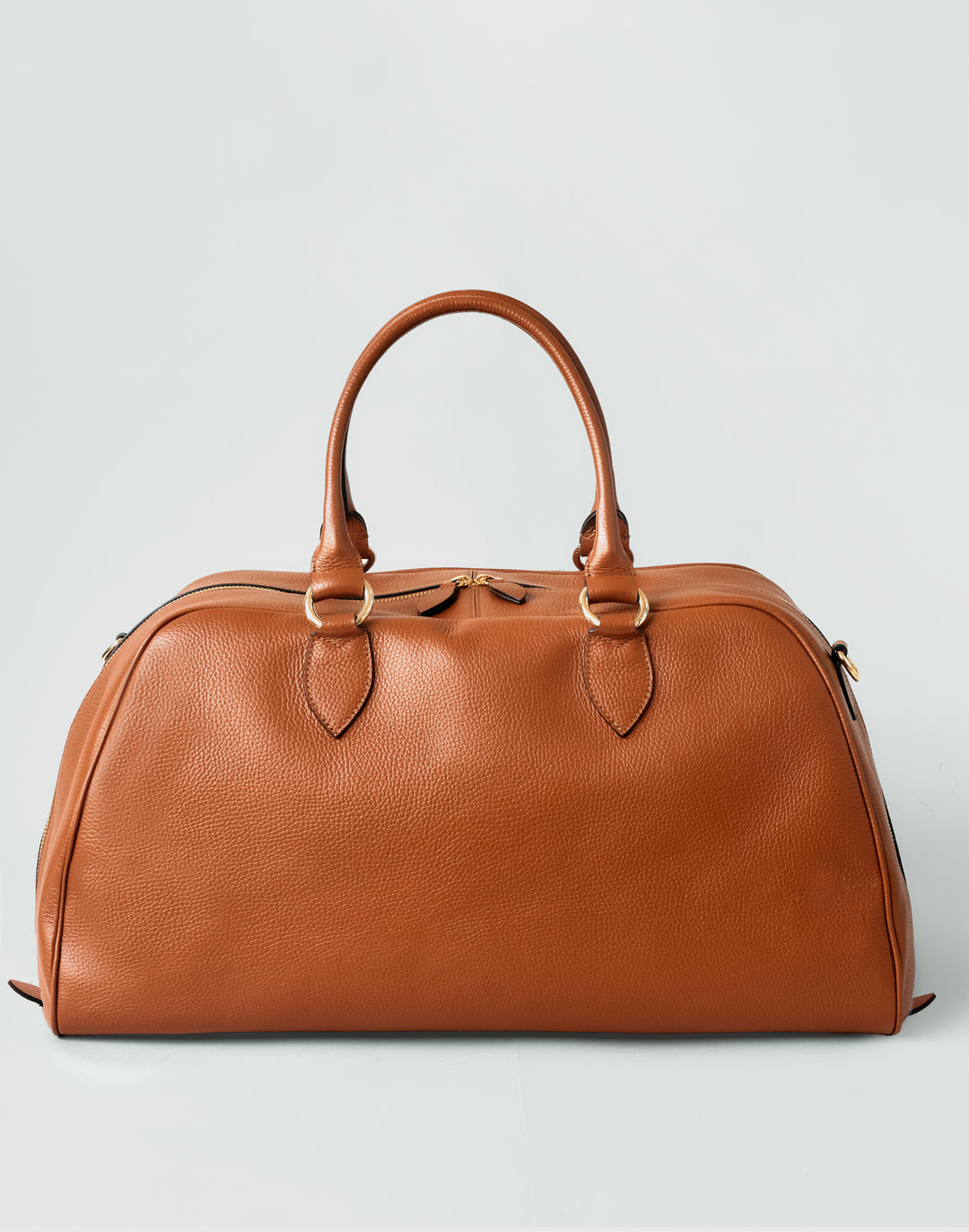 HYER GOODS tan leather la via weekender duffel bag front view #color_cognac