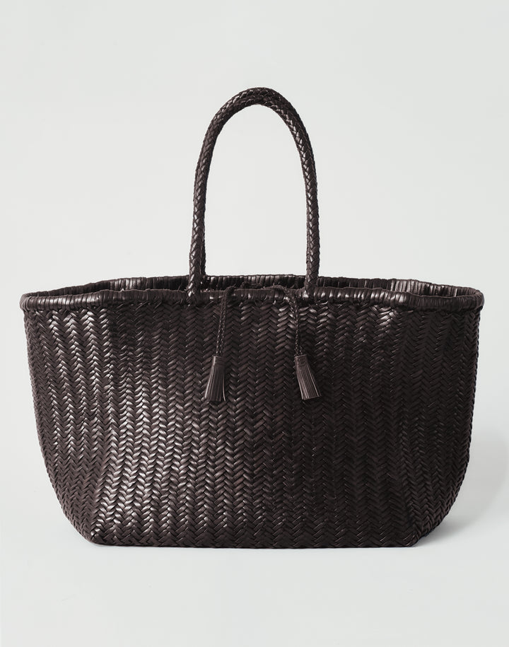 hyer goods tan woven leather oversized mercato summer tote bag with tie closure #color_dark-chocolate