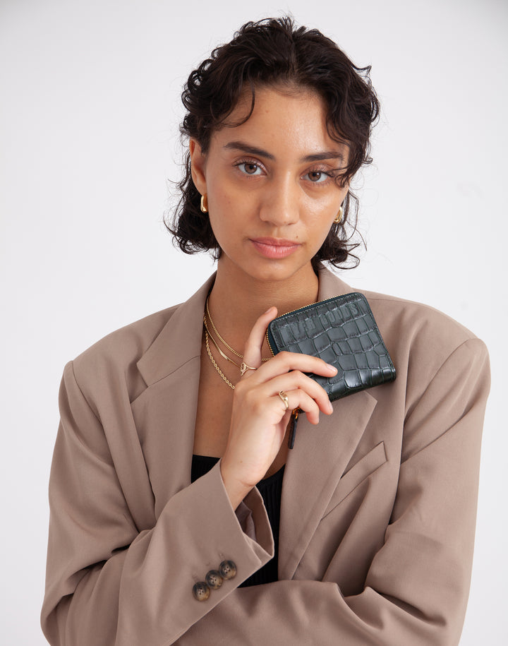 hyer goods recycled leather zip around wallet dark green emerald croco#color_emerald-croco