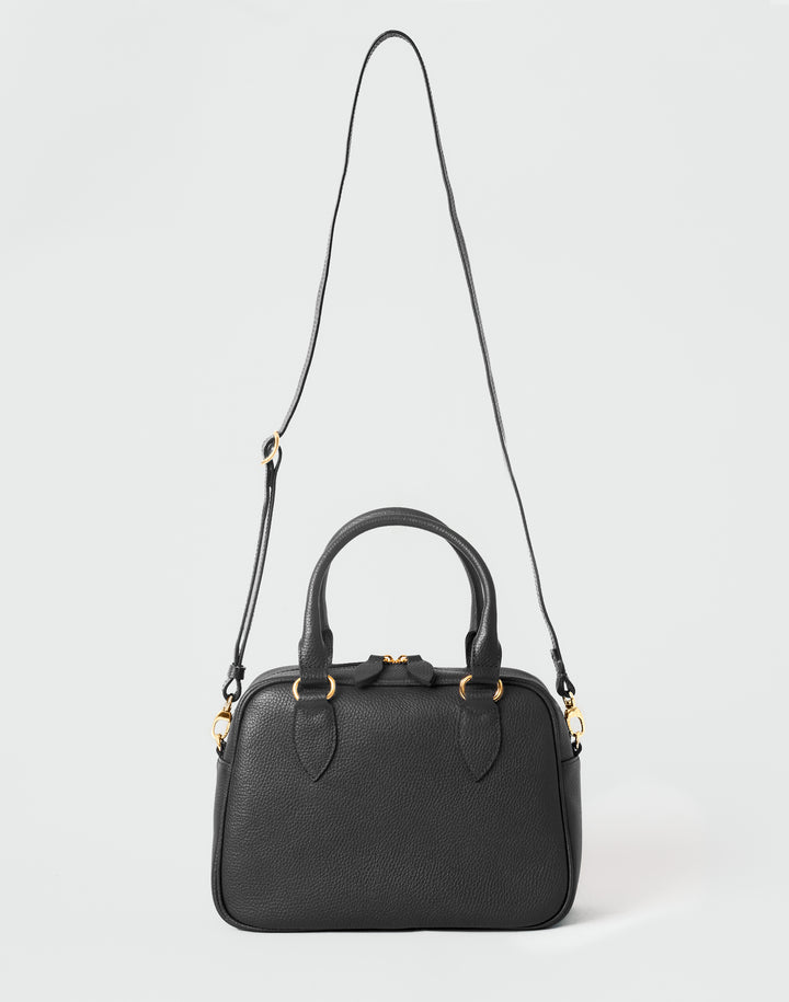 hyer goods la corsa dark black leather bowling bag front view with crossbody strap #color_black