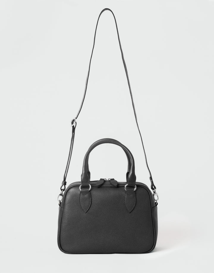 hyer goods la corsa black leather bowling bag front view with  crossbody strap in black with silver hardware #color_black
