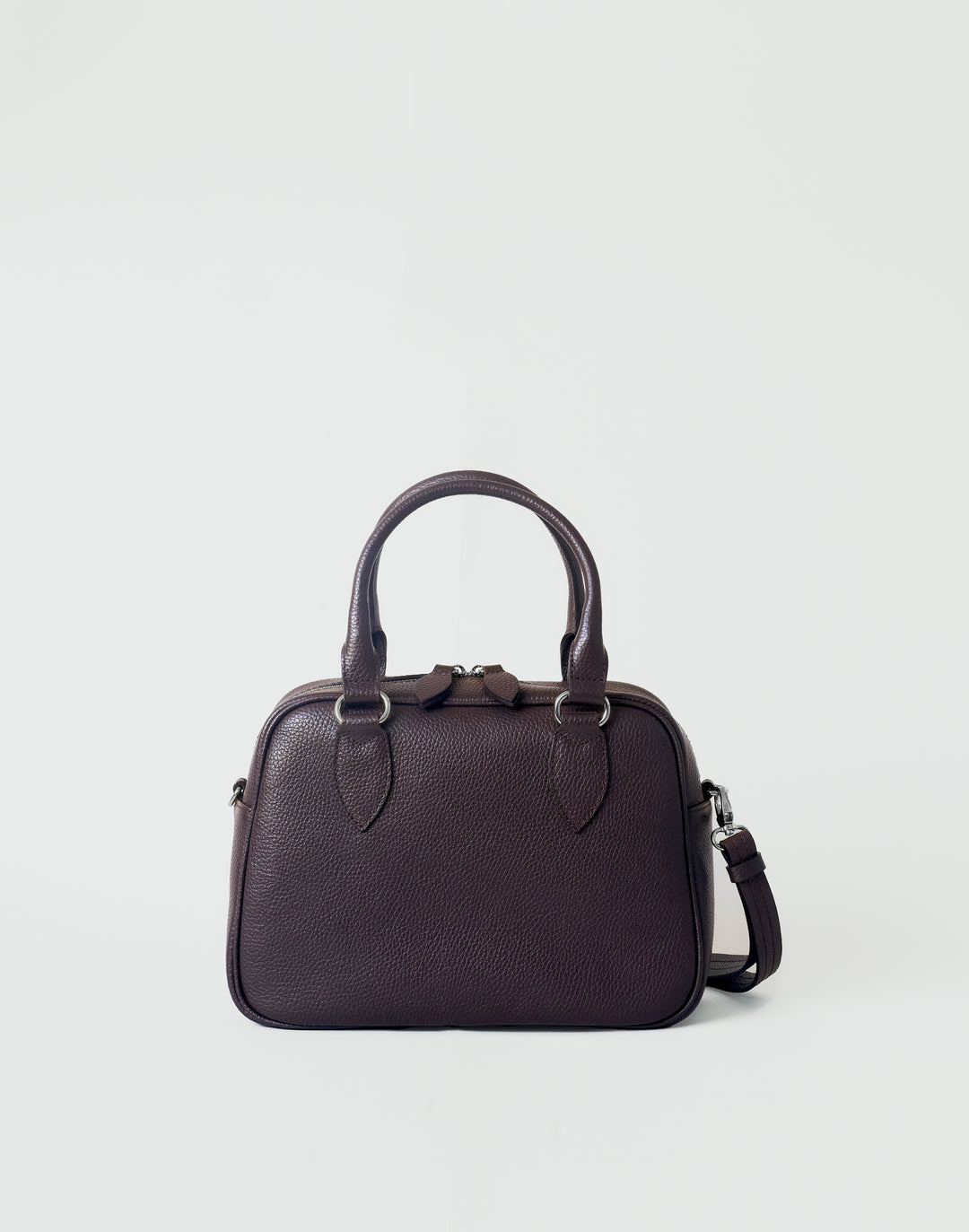 hyer goods la corsa dark brown leather bowling bag front view dark chocolate with silver hardware #color_dark-chocolate