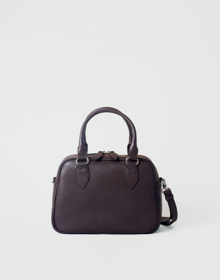 hyer goods la corsa dark brown leather bowling bag front view dark chocolate with silver hardware #color_dark-chocolate