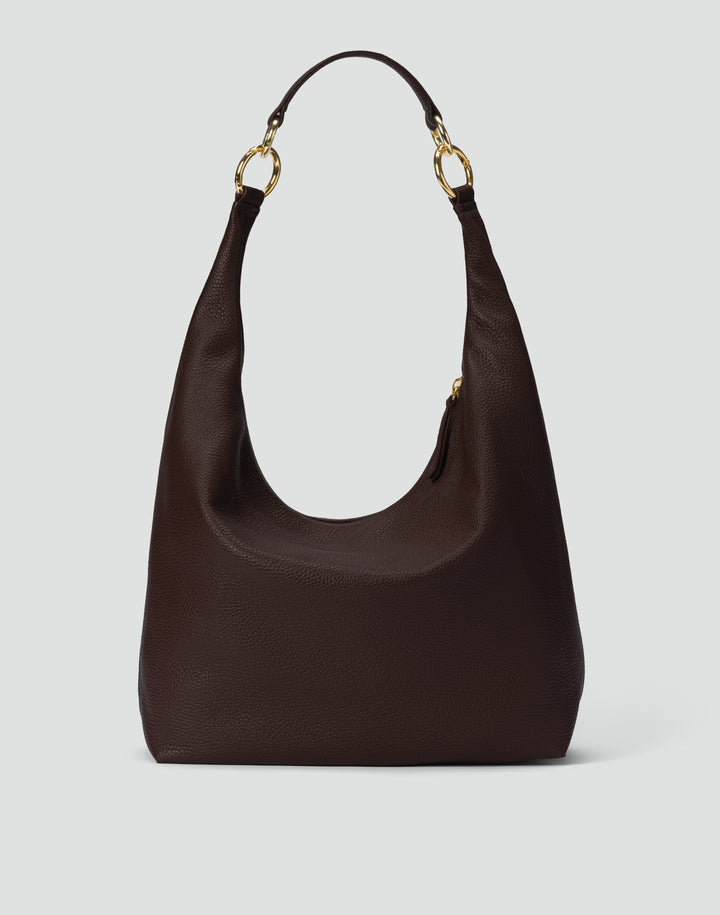 HYER GOODS tumbled leather oversized hobo ring bag black with gold hardware#color_dark-chocolate