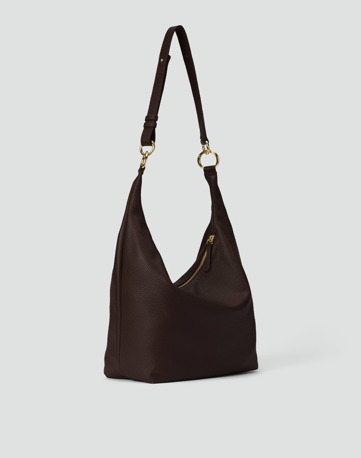 HYER GOODS tumbled leather oversized hobo ring bag black with gold hardware#color_dark-chocolate