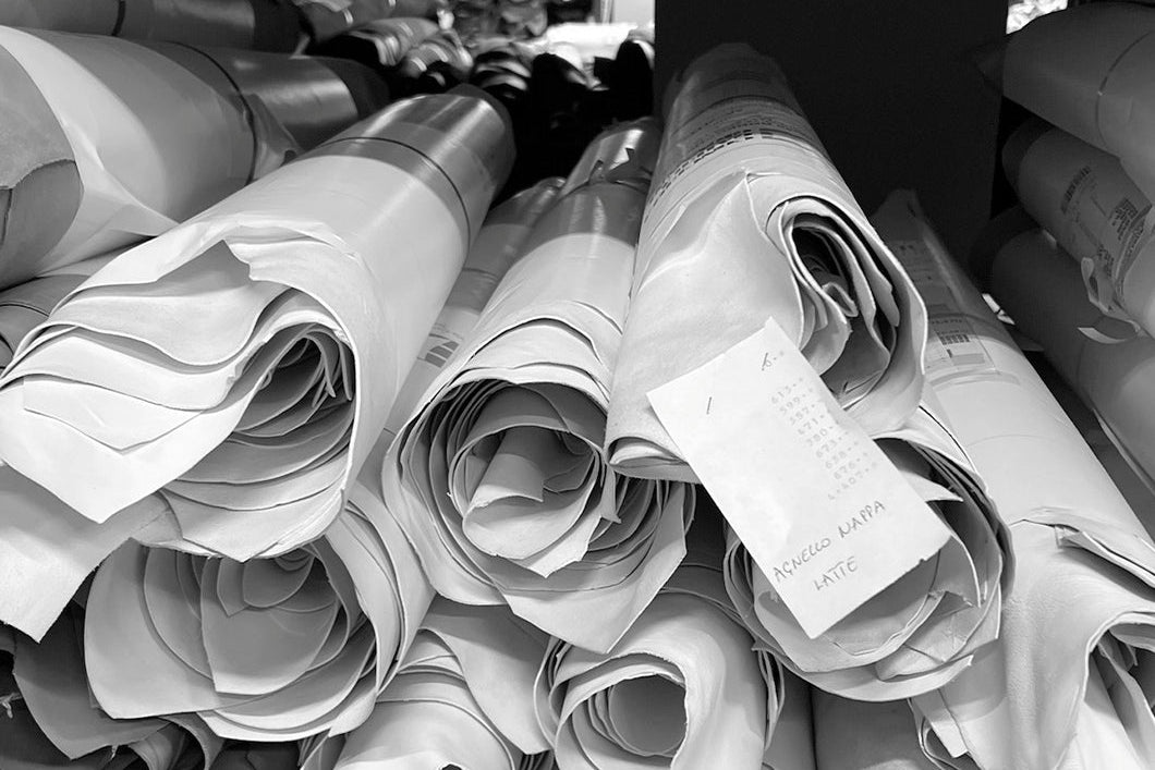 Luxury deadstock leather rolls used to create sustainable Italian handbags.