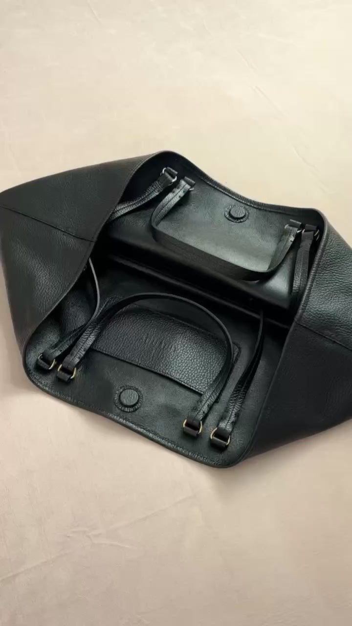 HYER GOODS Mercato soft tumbled leather tote back #color_black-gold
