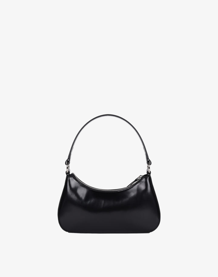 recycled genuine leather mini shoulder bag baguette bag black patent#color_semi-glazed-black