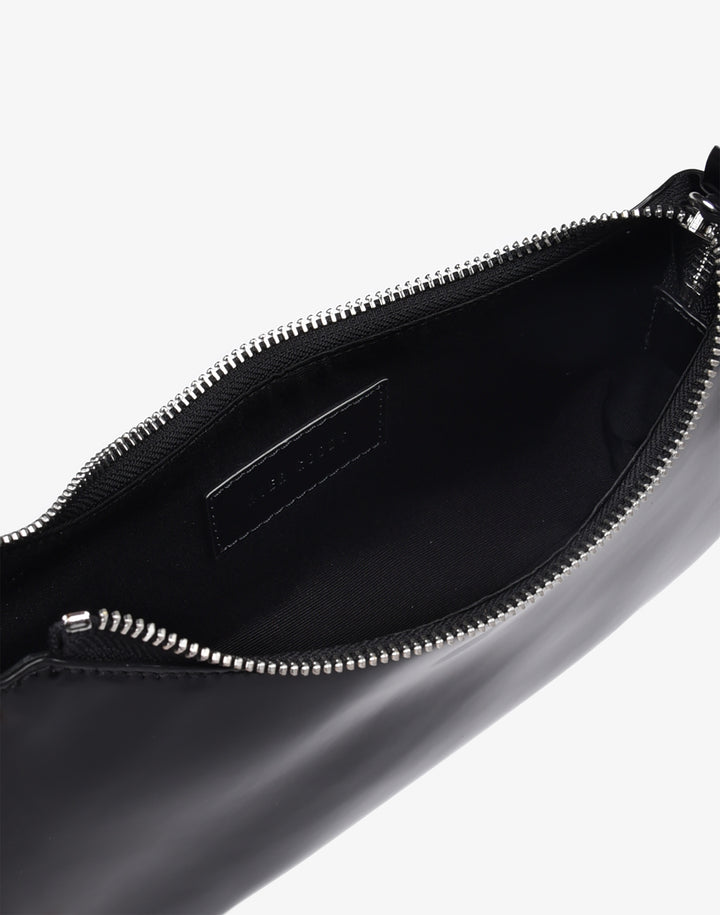 recycled genuine leather mini shoulder bag baguette bag black patent#color_semi-glazed-black
