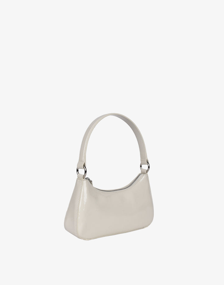 recycled genuine leather mini shoulder bag baguette bag off white patent leather#color_ecru-crinkle-patent