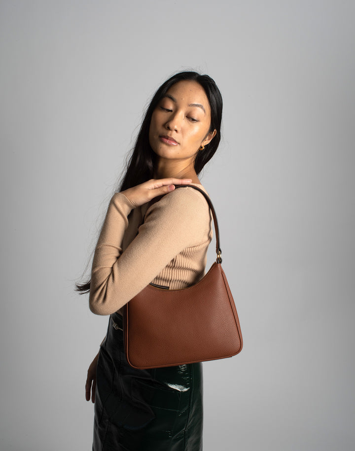 recycled genuine leather everyday shoulder bag tan brown#color_saddle-brown