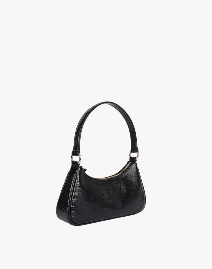 recycled genuine leather mini shoulder bag baguette bag embossed black lizard#color_black-lizard