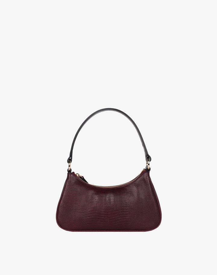 recycled genuine leather mini shoulder bag baguette bag burgundy lizard croc#color_wine-lizard
