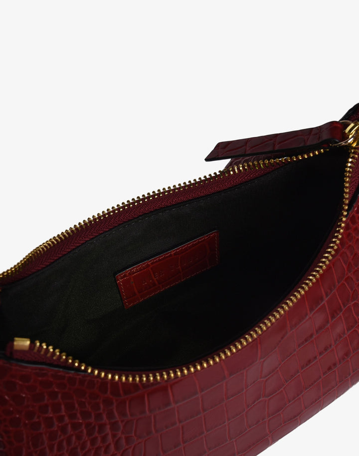 recycled genuine leather mini shoulder bag baguette bag red croc#color_red-croco