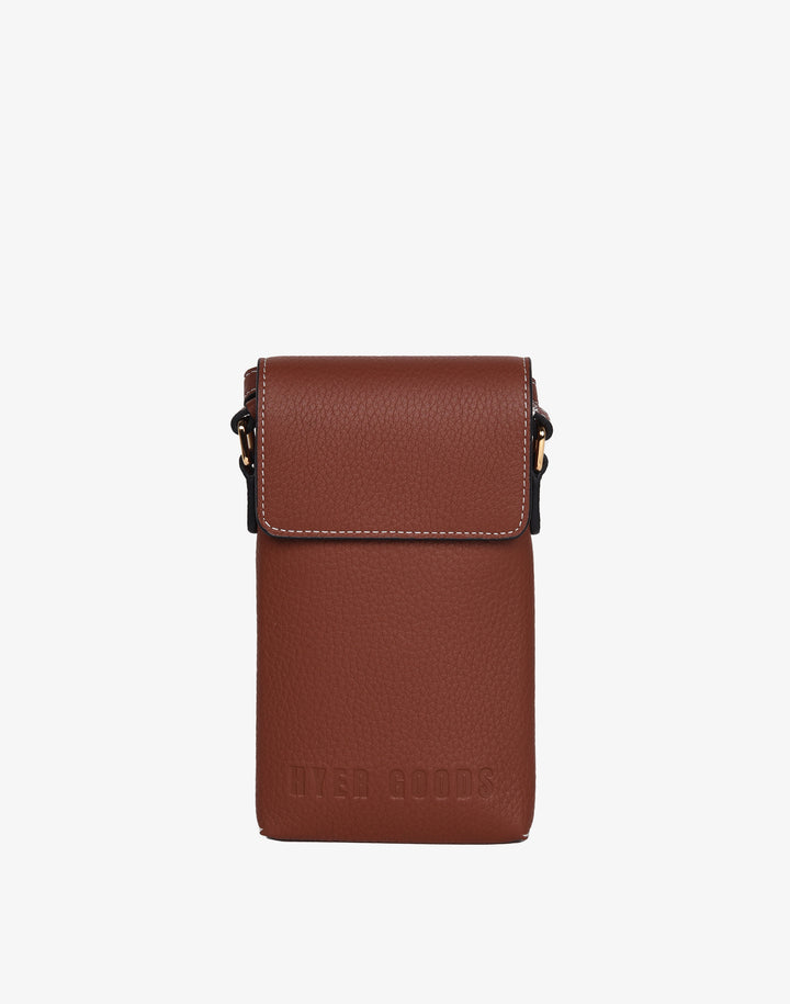 hyer goods recycled leather phone sling bag saddle brown tan#color_saddle-brown