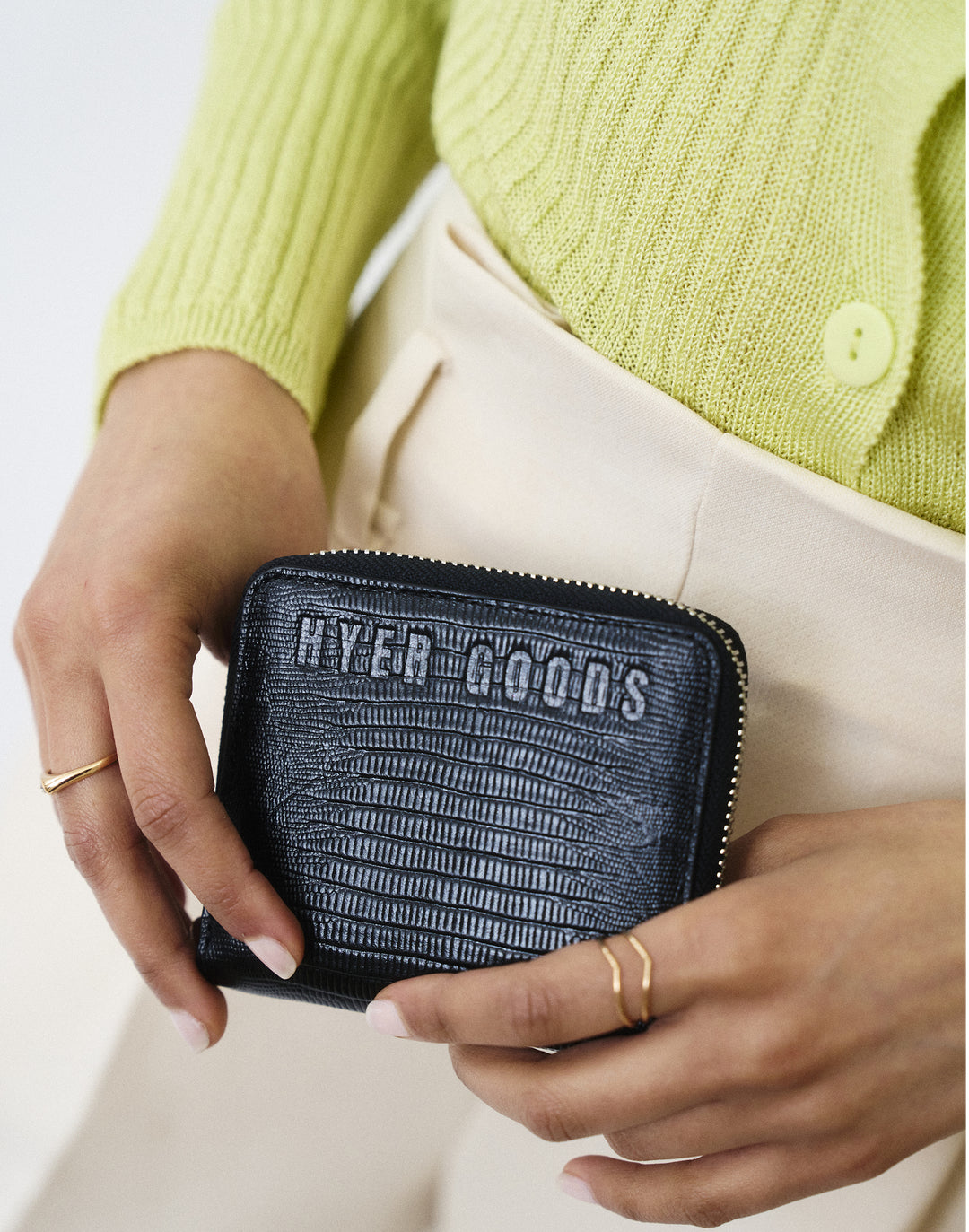 hyer goods recycled leather zip around wallet black embossed lizard#color_black-lizard