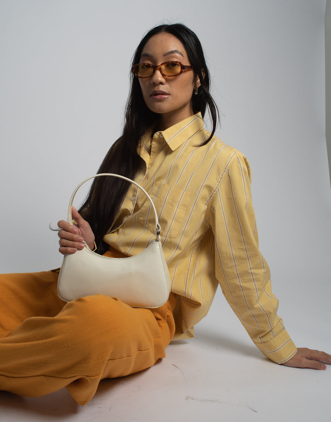 recycled genuine leather mini shoulder bag baguette bag off white patent leather#color_ecru-crinkle-patent